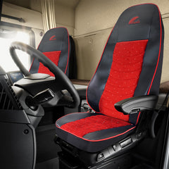 SET HUSE SCAUN TRUCK UMBRELLA PENTRU SCANIA SERIA R 2006-2020 PIELE ECOLOGICA NEAGRA + VELVET ROSU
