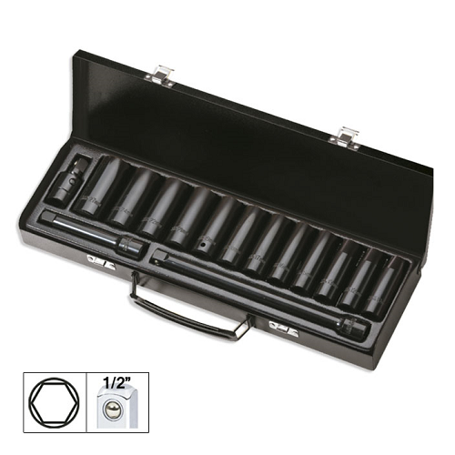 SET DE 15 PIESE DE IMPACT CU 12 TUBULARE LUNGI DE 1/2` HEXAGONALE + ADAPTOARE JBM